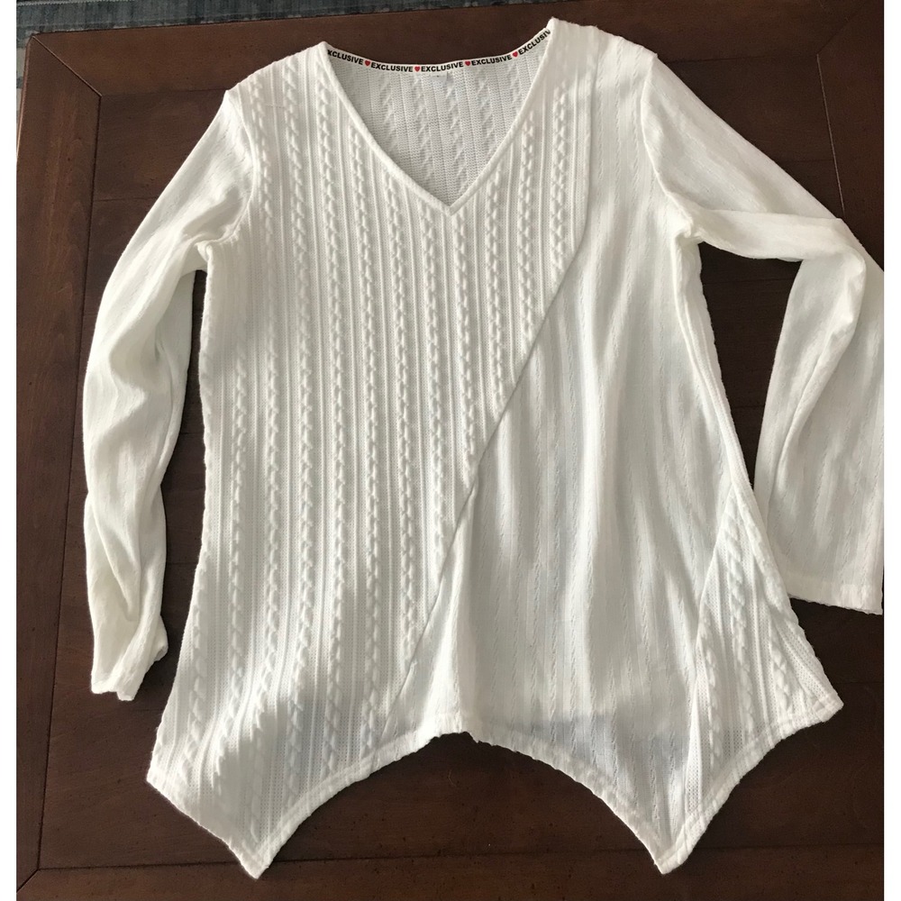 Exclusive White Knit Sweater‎ Long Sleeve V Neck Asymmetrical Hem Women's Top L